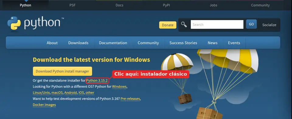 Página python.org/downloads con el enlace del instalador clásico de Python resaltado
